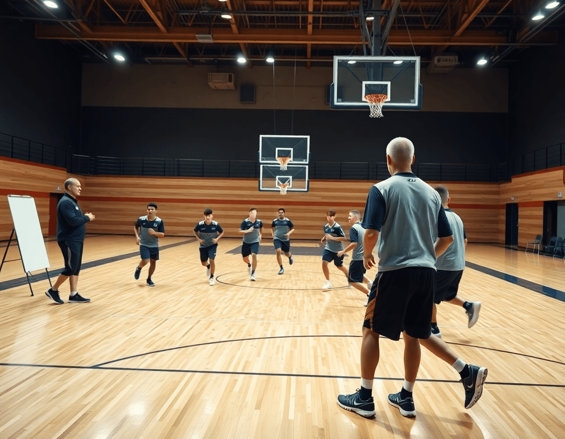 Scena ampia in palestra di basket: esercizi difesa a zona basket guidano l'allenamento della squadra.