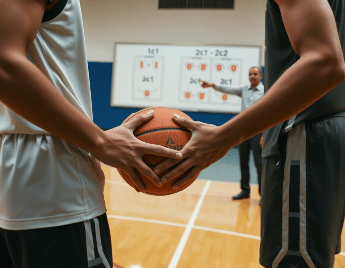 Tre giovani giocatori Under 13 in allenamento difesa sul parquet di legno con lavagna tattica.