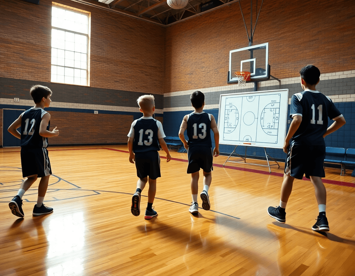 Tre giocatori Under 13 in allenamento difesa sul campo di legno; allenatore disegna una giocata.