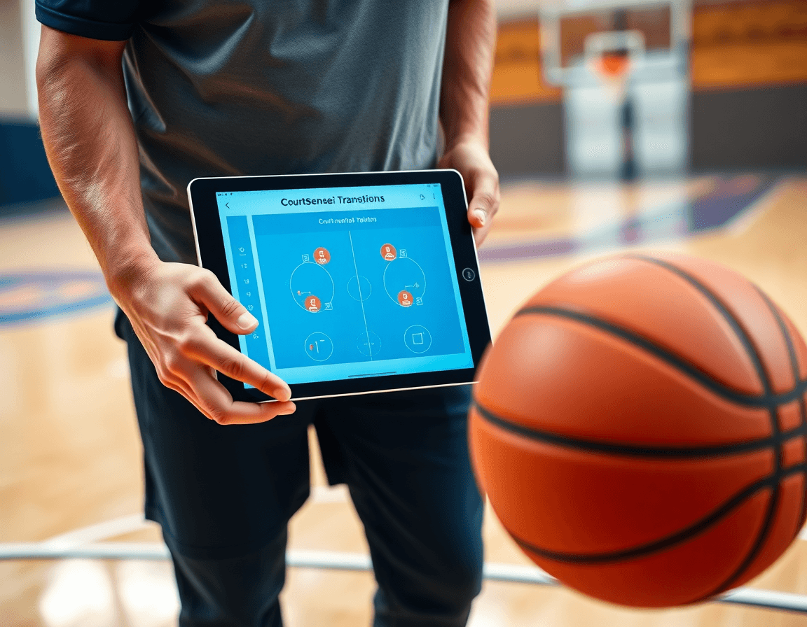 Dettaglio mano su pallone e coach che consulta tablet con piani CourtSensei per 1c1 e 2c2.