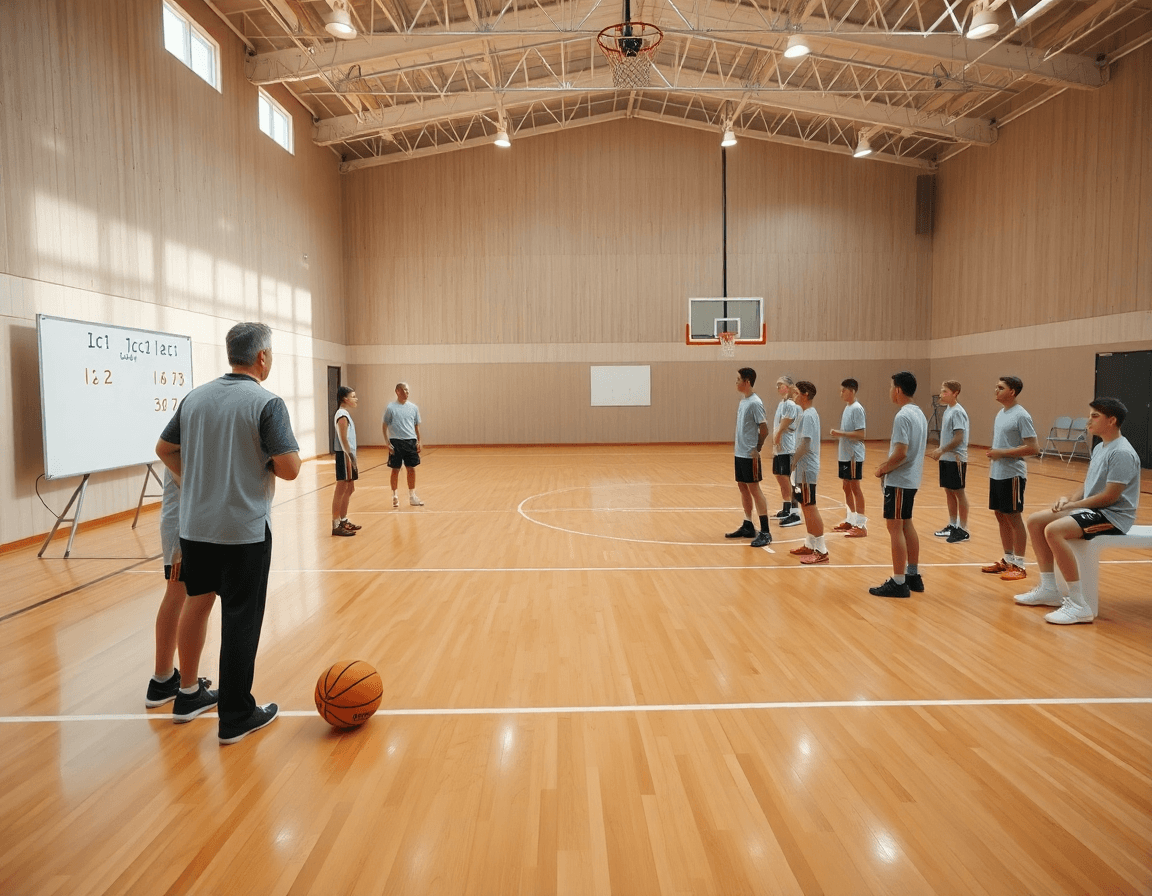Allenatore su un campo da basketball osserva esercizi difesa basket under 13 con lavagna tattica.