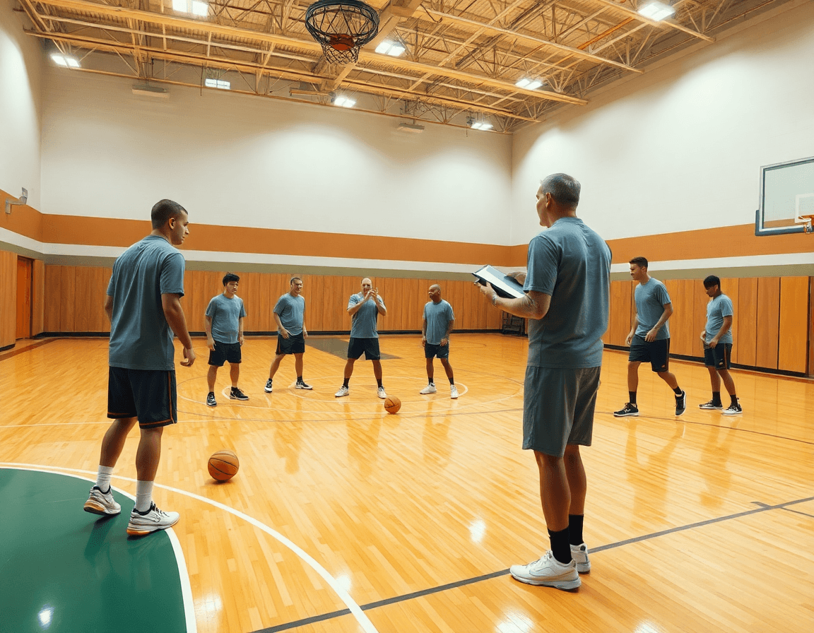 Scena ampia in palestra di basket con coach e squadra durante esercizi difesa basket under 15 in allenamento