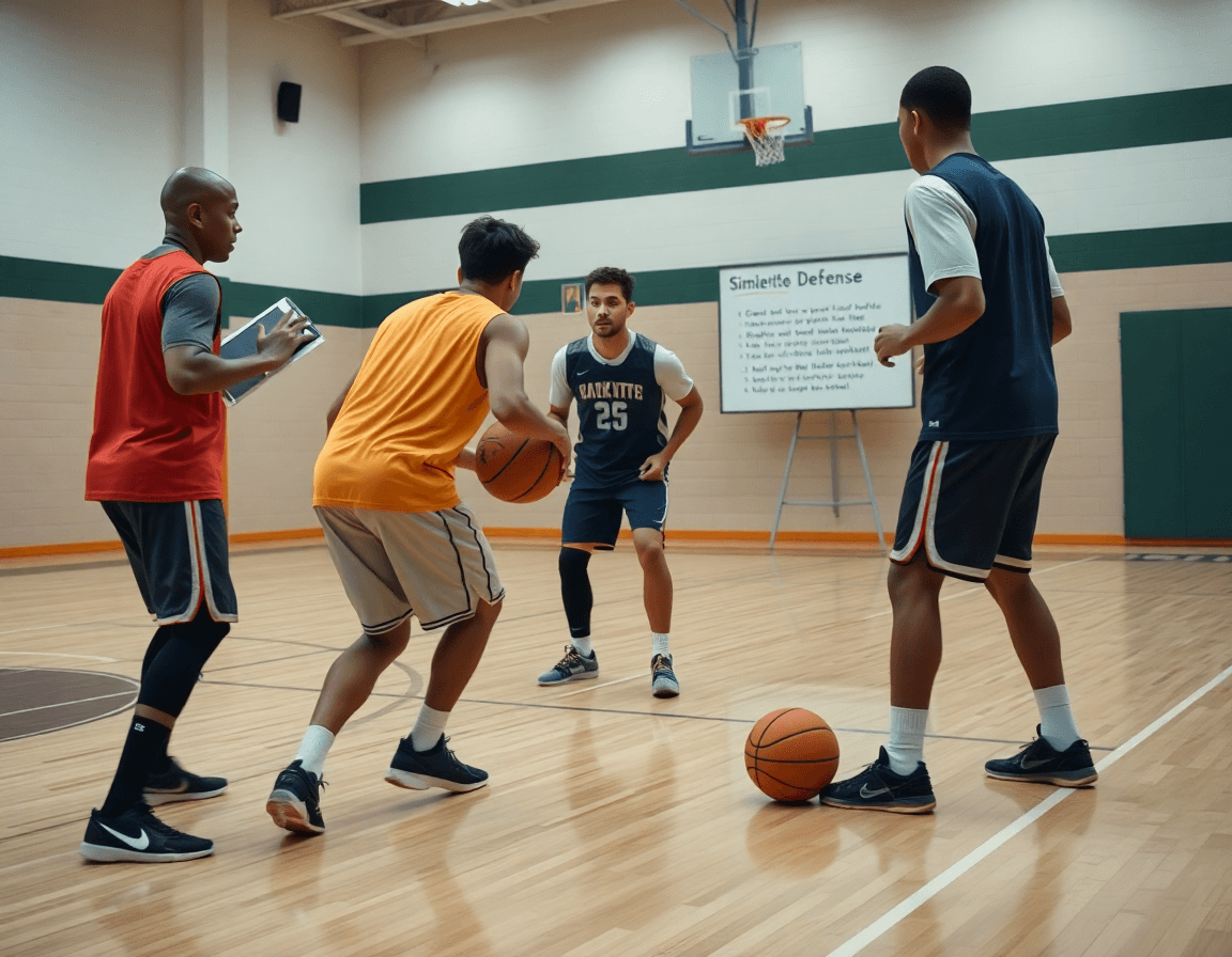 Primo piano su difensore durante esercizi per migliorare la difesa basketball in palestra di allenamento.