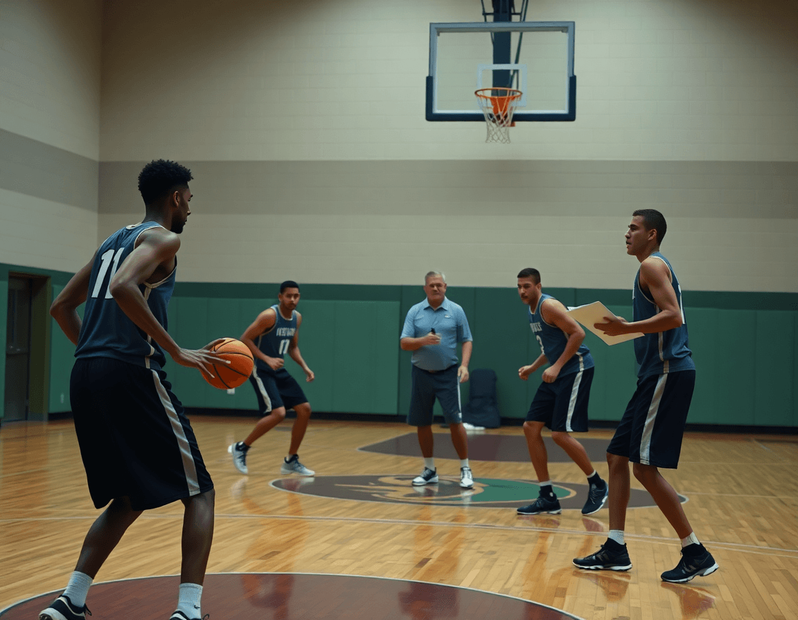 Allenatori e giocatori in cerca di migliorare la difesa di squadra durante una sessione basketball.