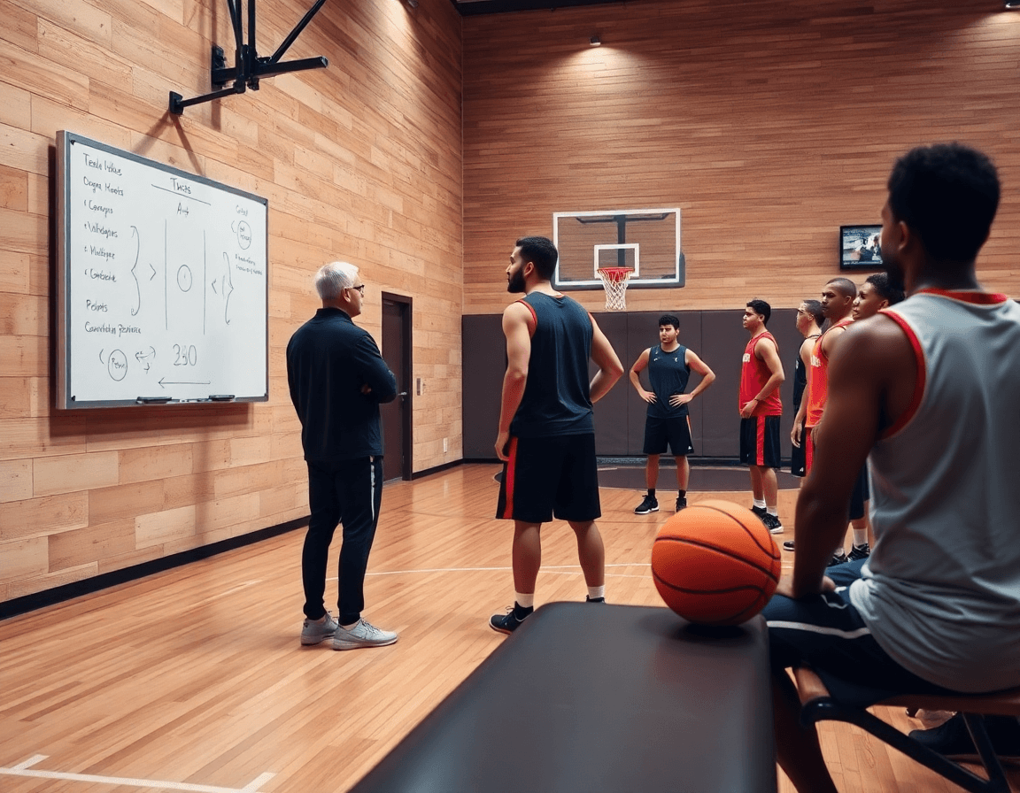 Coach mostra la tabella tattica mentre i giocatori osservano sul campo basketball.