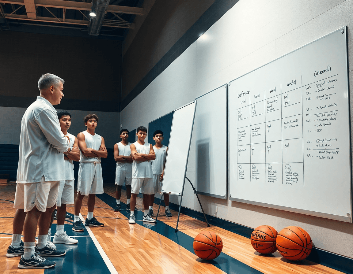 Sul bordo del campo di basket, allenatore pianifica esercizi difesa basket con i giocatori.