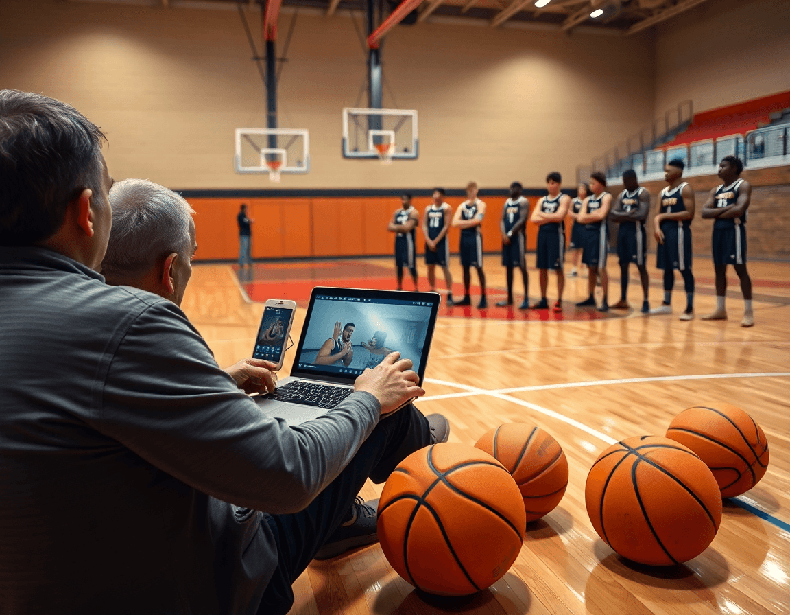 Allenatore mostra clip di esercizi difesa basket sul video mentre i giocatori osservano.