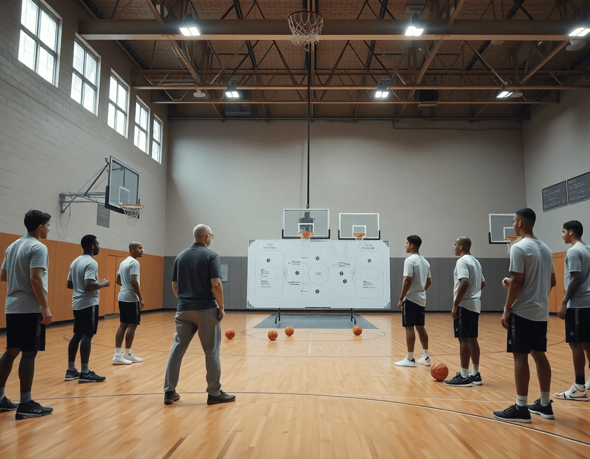 Scena di palestra di basket con allenatore che guida esercizi difesa basket tra giocatori concentrati.