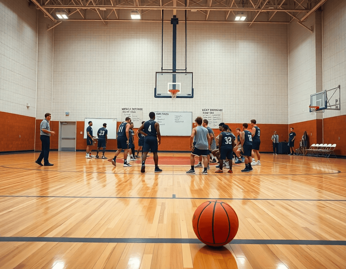 Scena ampia in una palestra di basketball: coach con clipboard e giocatori in difesa basketball.
