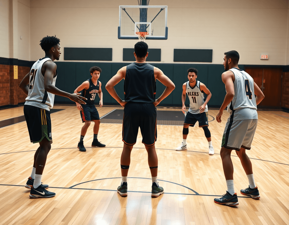 Cinque giocatori praticano esercizi difesa della palla basket sul parquet, guidati dal coach durante rotazioni.