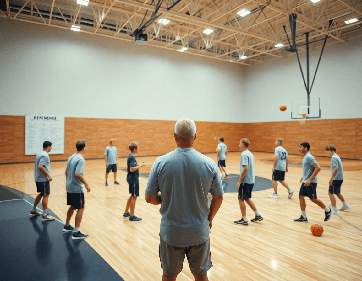Esercizi difesa della palla basket in palestra: coach guida i giocatori durante una sessione difesa.