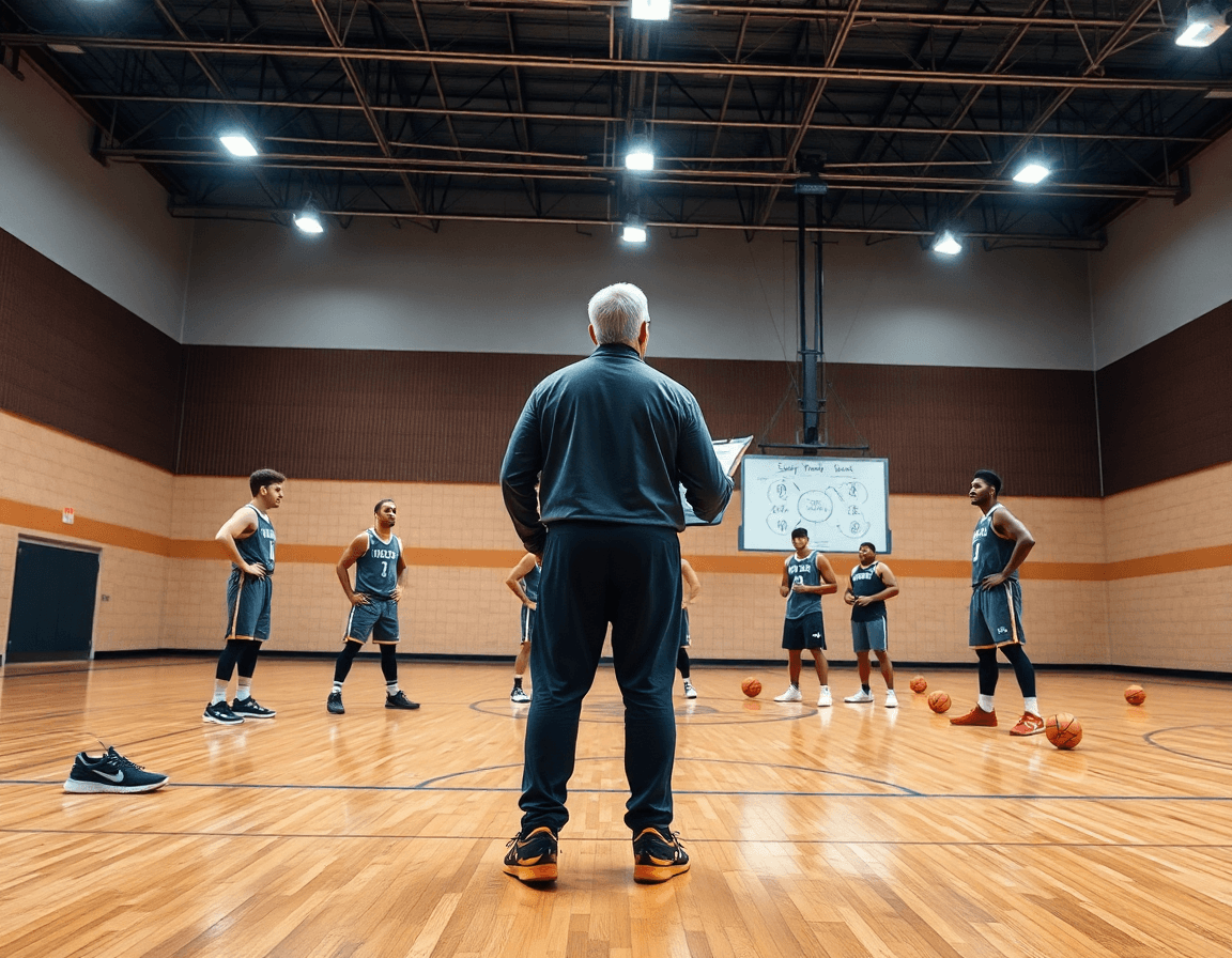 Sessione di esercizi difesa individuale basket in palestra: coach con lavagna tattica e giocatori.