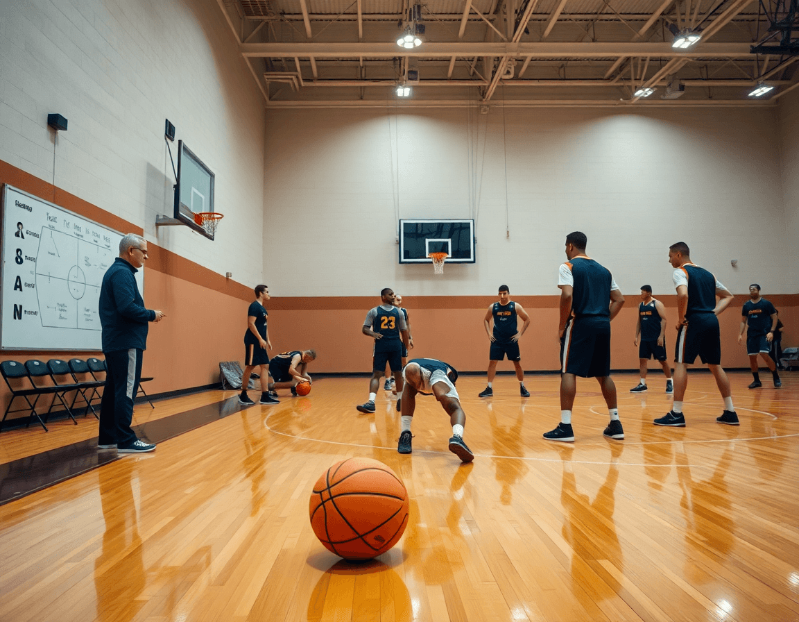 Scena ampia in palestra di basket: coach e squadra durante esercizi difesa pallacanestro, lavagna tattica visibile.