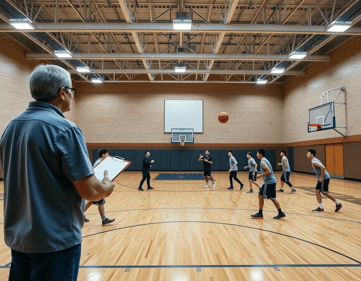 Allenatori osservano esercizi per migliorare il passaggio basket durante una pratica settimanale in palestra.
