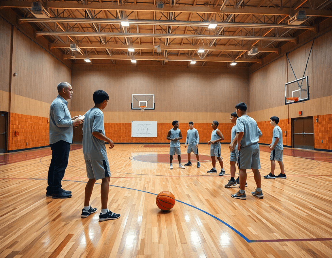 Scena di palestra di basket con coach e bambini 5-6 anni cremonini, esercizi minibasket 5 6 anni cremonini.