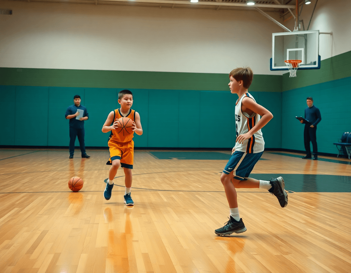 Due giovani giocatori praticano palleggio e passaggio durante una sessione di basketball in palestra.