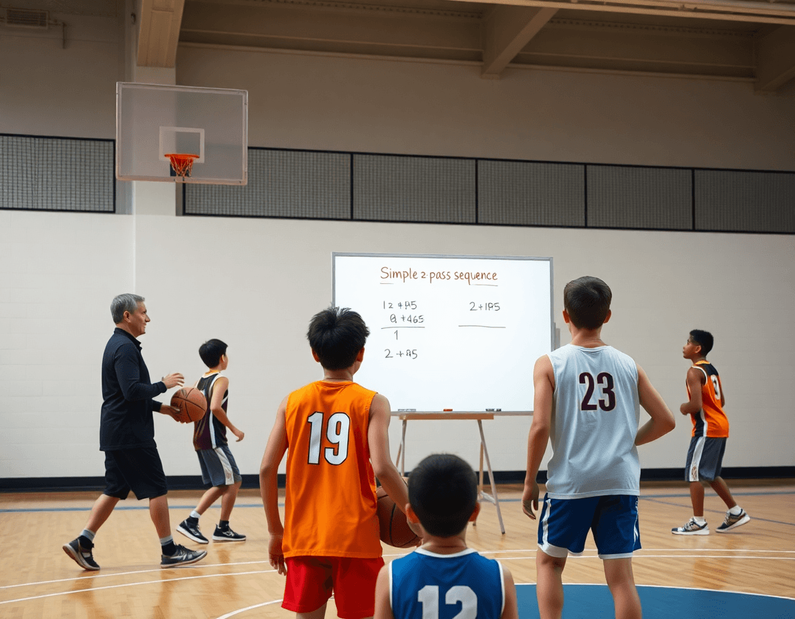 Coach mostra una sequenza semplice sul tabellone tattico mentre i giovani praticano basketball.