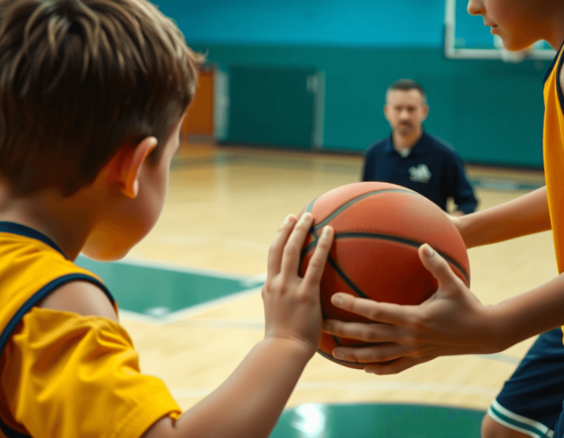 Primo piano sulle mani che palleggiano una basketball mentre i compagni corrano una giocata.