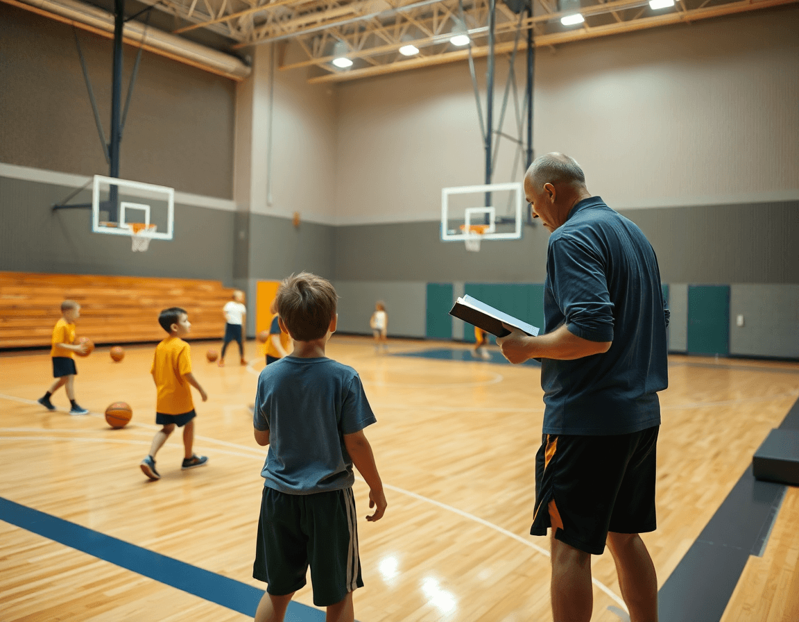Allenatore guida una sessione di minibasket 6-7 anni in palestra, scena ampia di basketball.