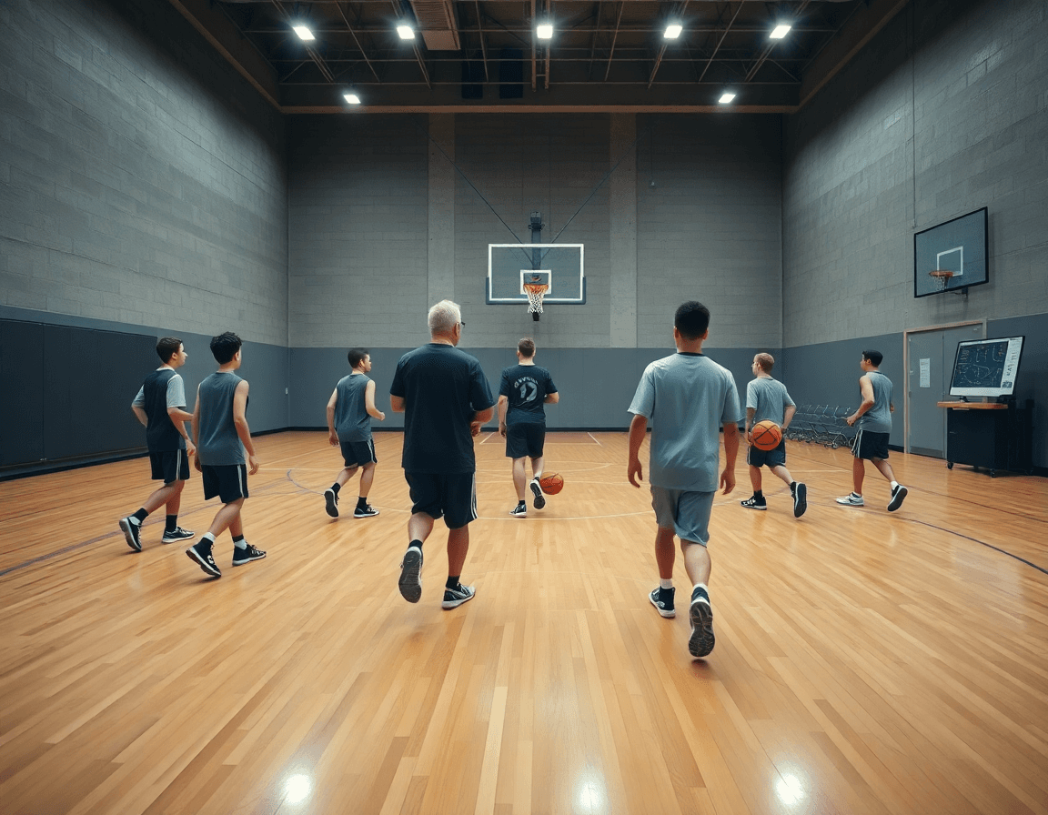 Scena ampia di minibasket: esercizi minibasket adattamento e trasformazione in palestra con coach.