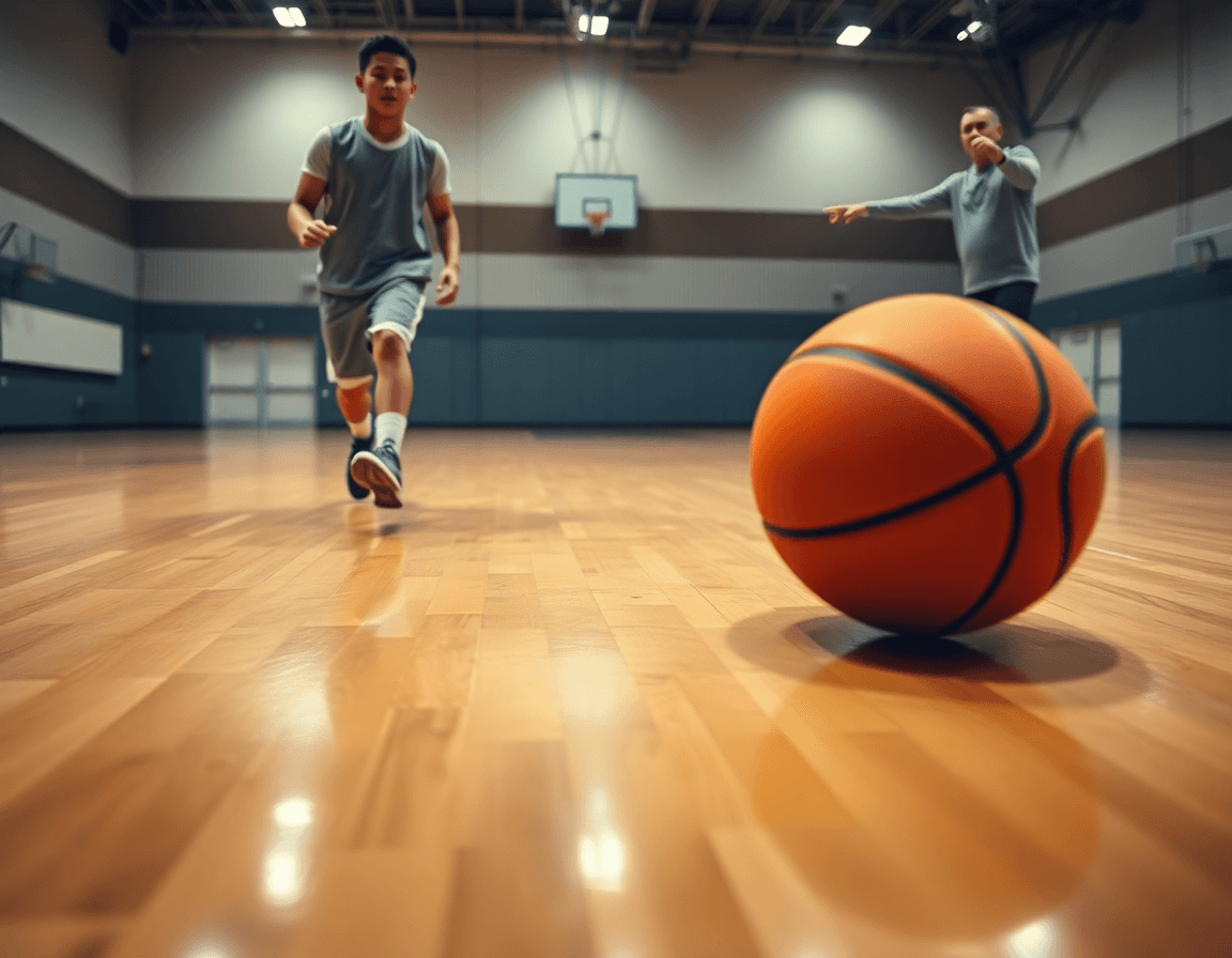 Scena intensiva di esercizi minibasket aquilotti: dribbling, passaggi e sostegno del coach.