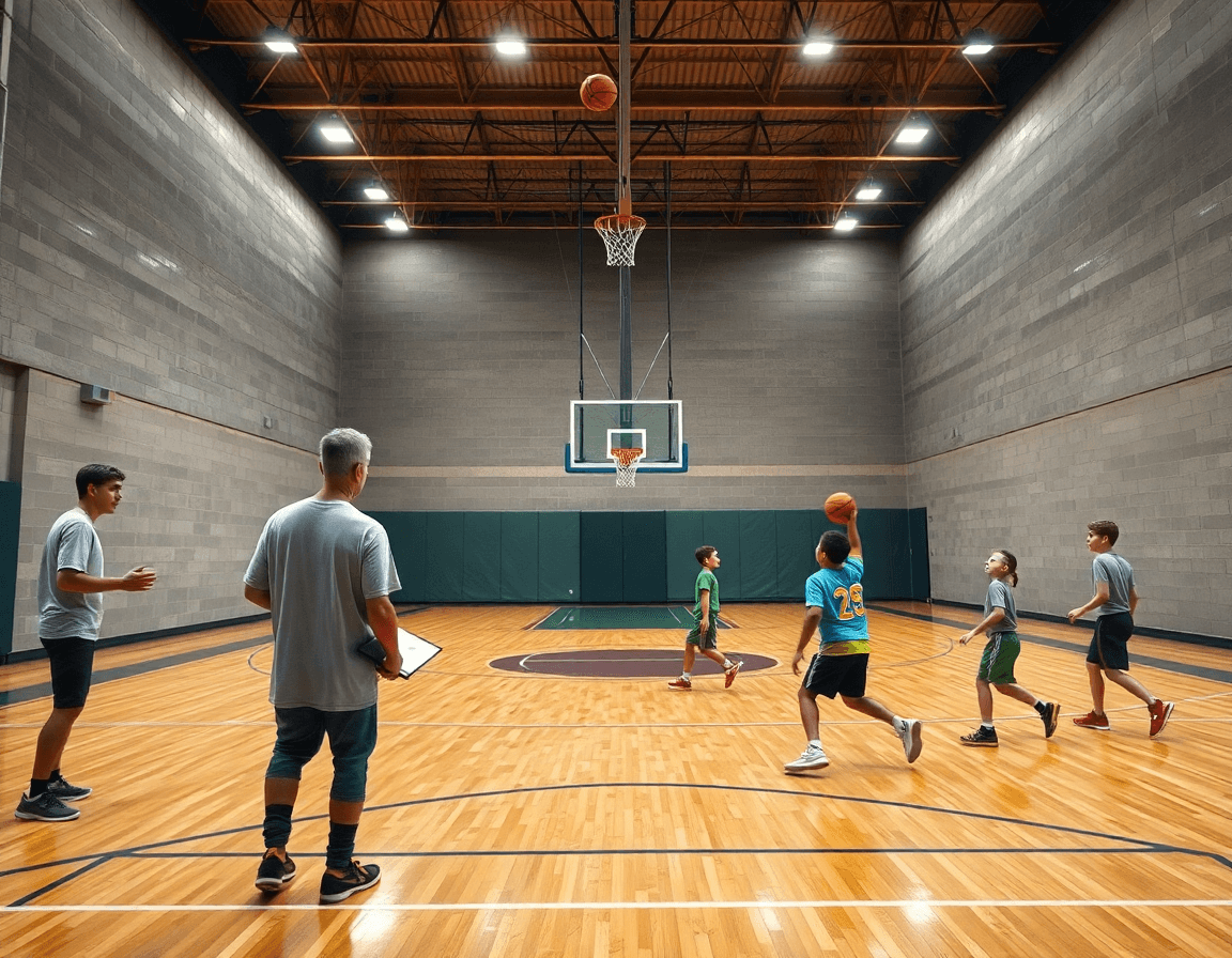 Scena ampia in palestra di basket con esercizi minibasket aquilotti e coach che dirige.