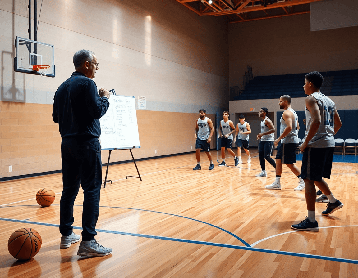 Coach spiega workflow settimanale della difesa minibasket accanto a lavagna tattica durante basketball, con esercizi minibasket difesa.