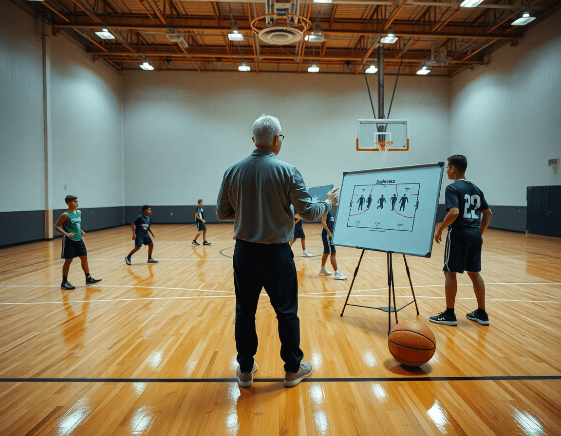 Scena di difesa minibasket: coach con lavagna tattica guida giovani giocatori negli esercizi minibasket difesa.