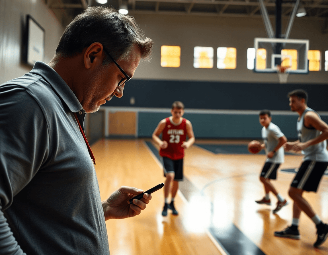 Primo piano sulle mani e la palla durante esercizi minibasket, in palestra con luci vivide.