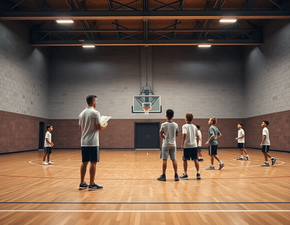 Scena ampia di allenamento di esercizi minibasket in palestra, coach con clipboard e squadra che pratica.