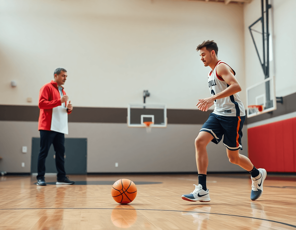 Primo piano su esercizi minibasket scoiattoli durante dribbling su campo di legno e lavagna tattica.