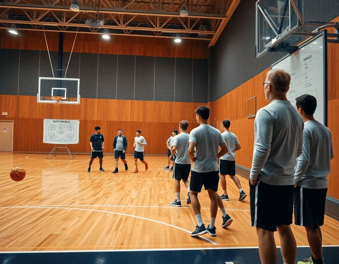 Grand angle: esercizi minibasket scoiattoli in palestra, coach con lavagna tattica e ragazzi in allenamento.