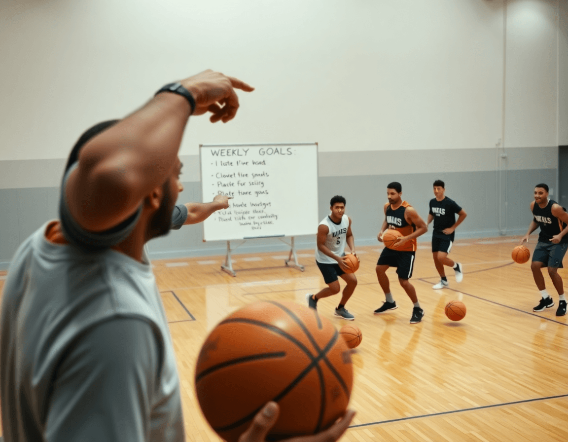 Due giovani giocatori praticano esercizi palleggio basket bambini vicino al vertice, coach guida con lavagna.