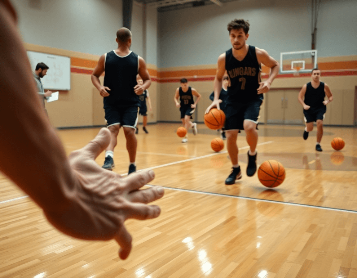 Dettaglio mani guidano esercizi palleggio basket bambini su campo in legno, coach annota varianti su lavagna.