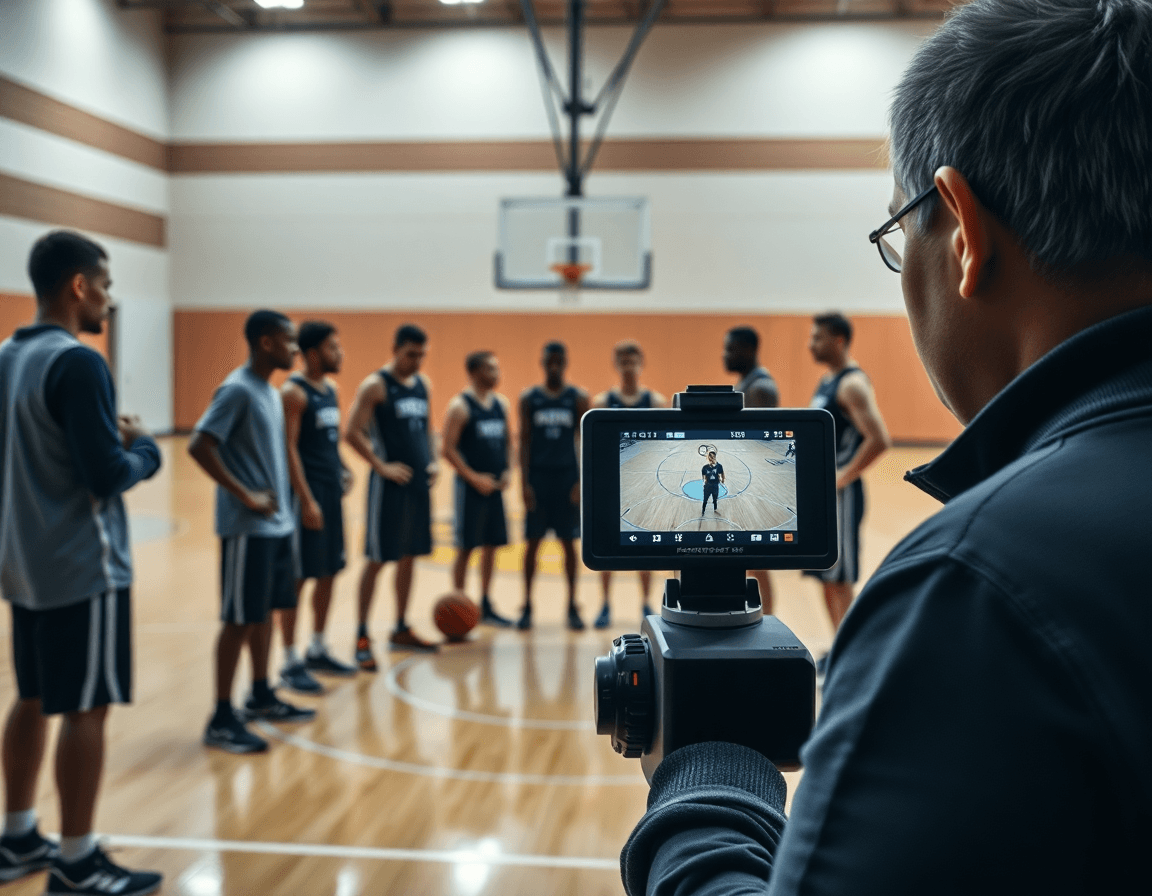 Allenatore registra esercizi palleggio basket bambini in palestra mentre i ragazzi guardano sul monitor.