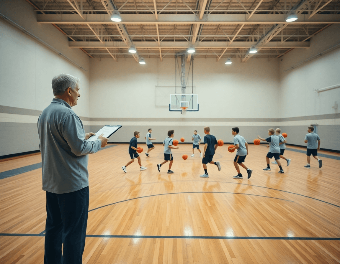 Scena ampia di basketball: coach e giovani giocatori durante una sessione di esercizi palleggio basket bambini.