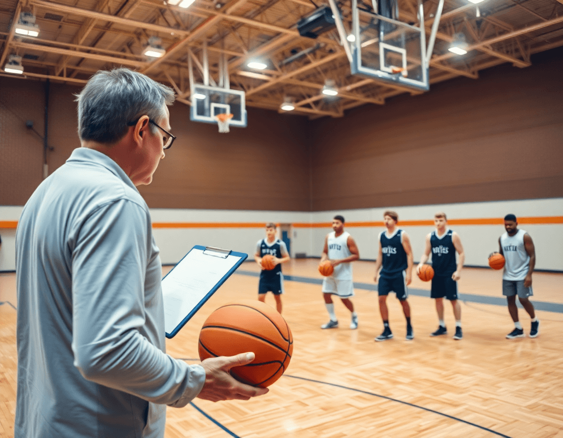 Coach dirige esercizi per migliorare palleggio basket e definisce l'obiettivo settimanale mentre i giocatori praticano palleggio controllato.