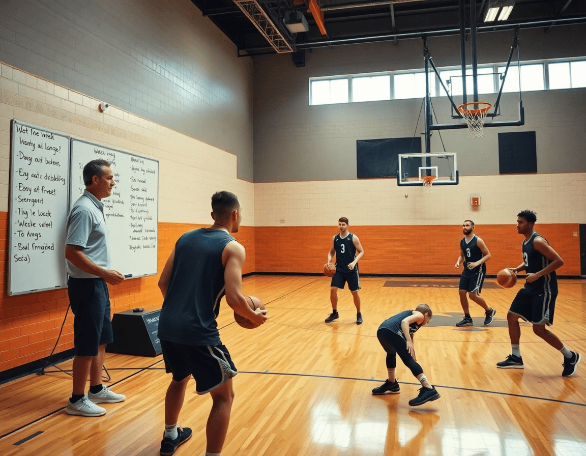 Coach pianifica la settimana con una lavagna e note, delineando esercizi per migliorare palleggio basket.