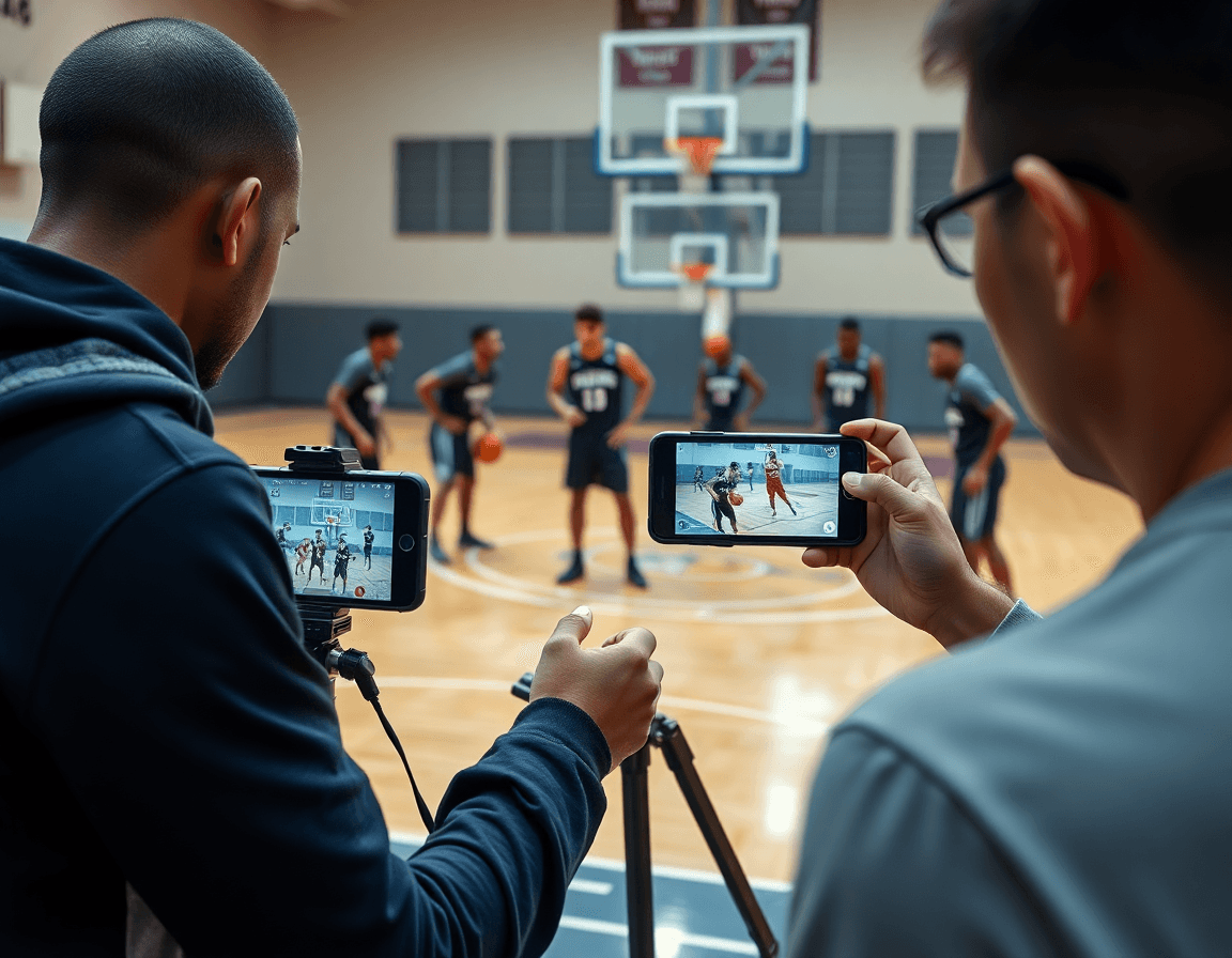 Squadra di basket registra clip: esercizi per migliorare palleggio basket e feedback mirati.