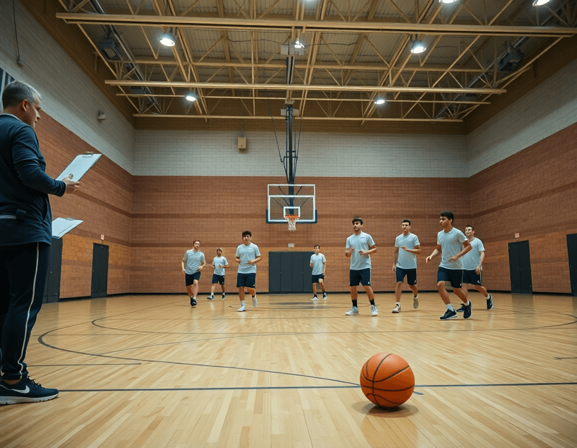 Scena ampia in palestra di basketball con allenatore con clipboard, squadra in kit semplici, palloni arancioni, luci intense.