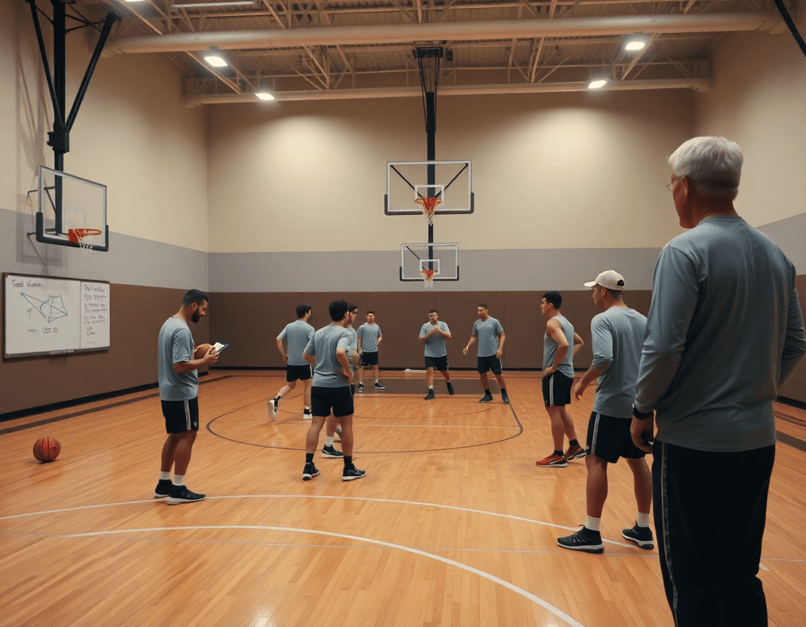 Allenatore osserva e squadra pratica esercizi per migliorare palleggio basket durante una sessione in palestra.