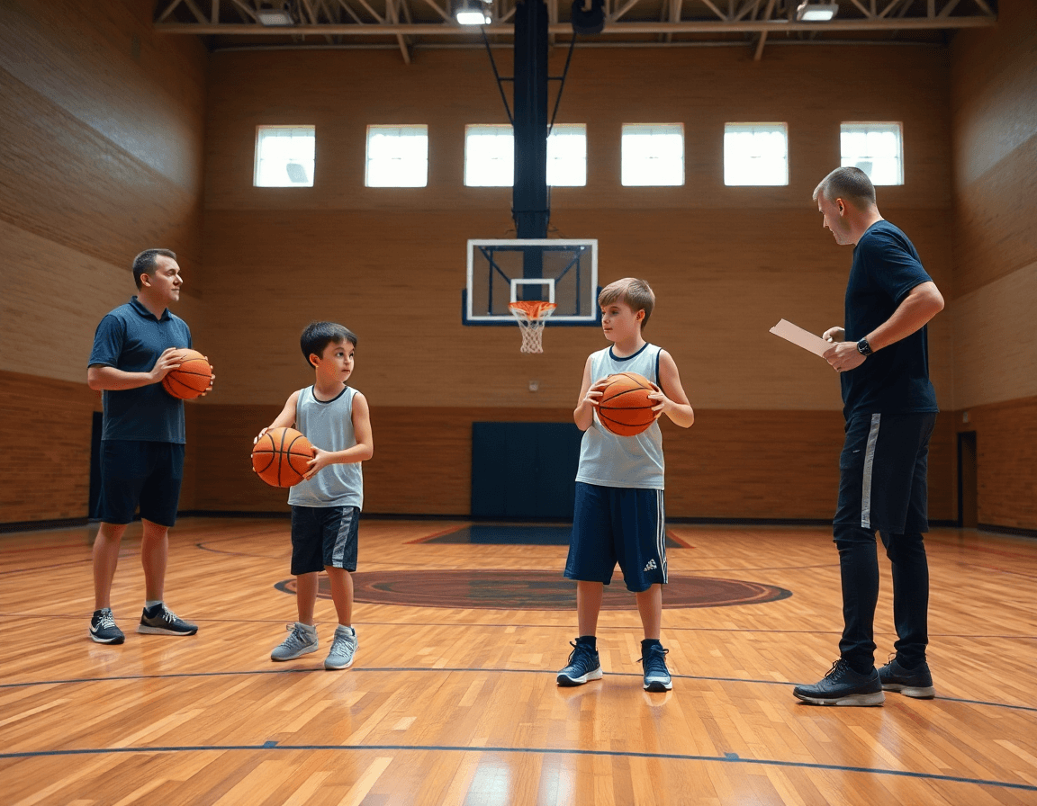 Esercizi palleggio basket under 13 sul campo indoor, coach osserva i giovani durante l'allenamento.