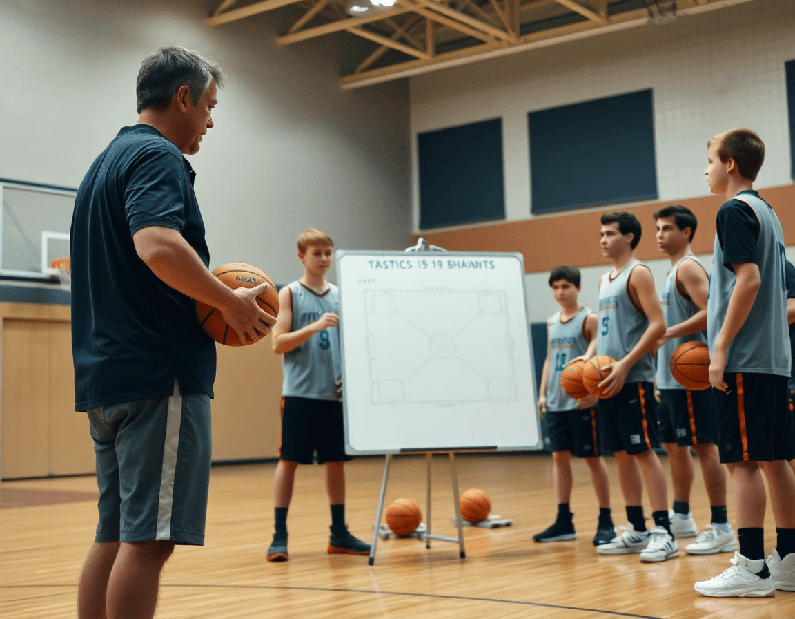 Esercizi palleggio basket under 13: coach e ragazzi seguono una lavagna tattica durante l'allenamento.