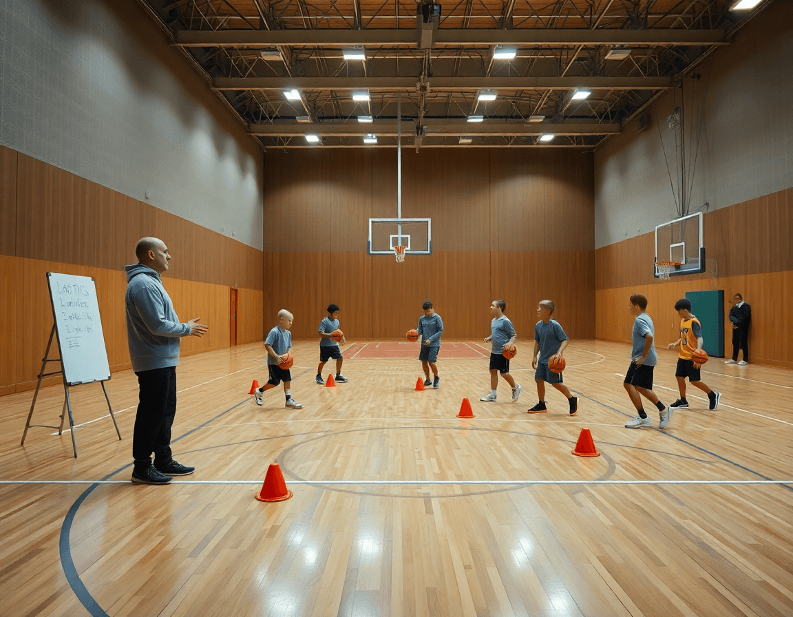 Esercizi palleggio basket under 13 sul campo indoor, coach osserva i giovani durante l'allenamento.