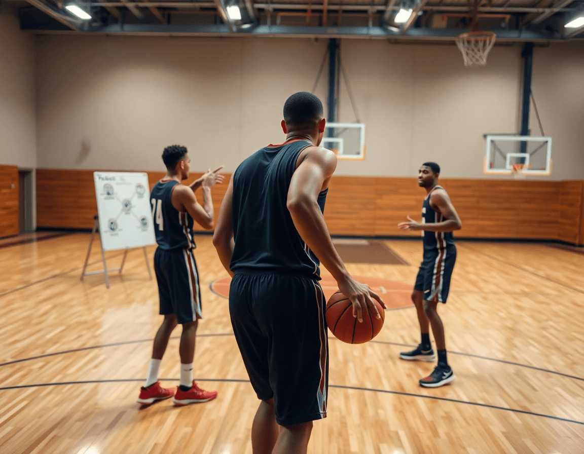 Scena ravvicinata di esercizi palleggio e tiro basket durante drill in palestra.