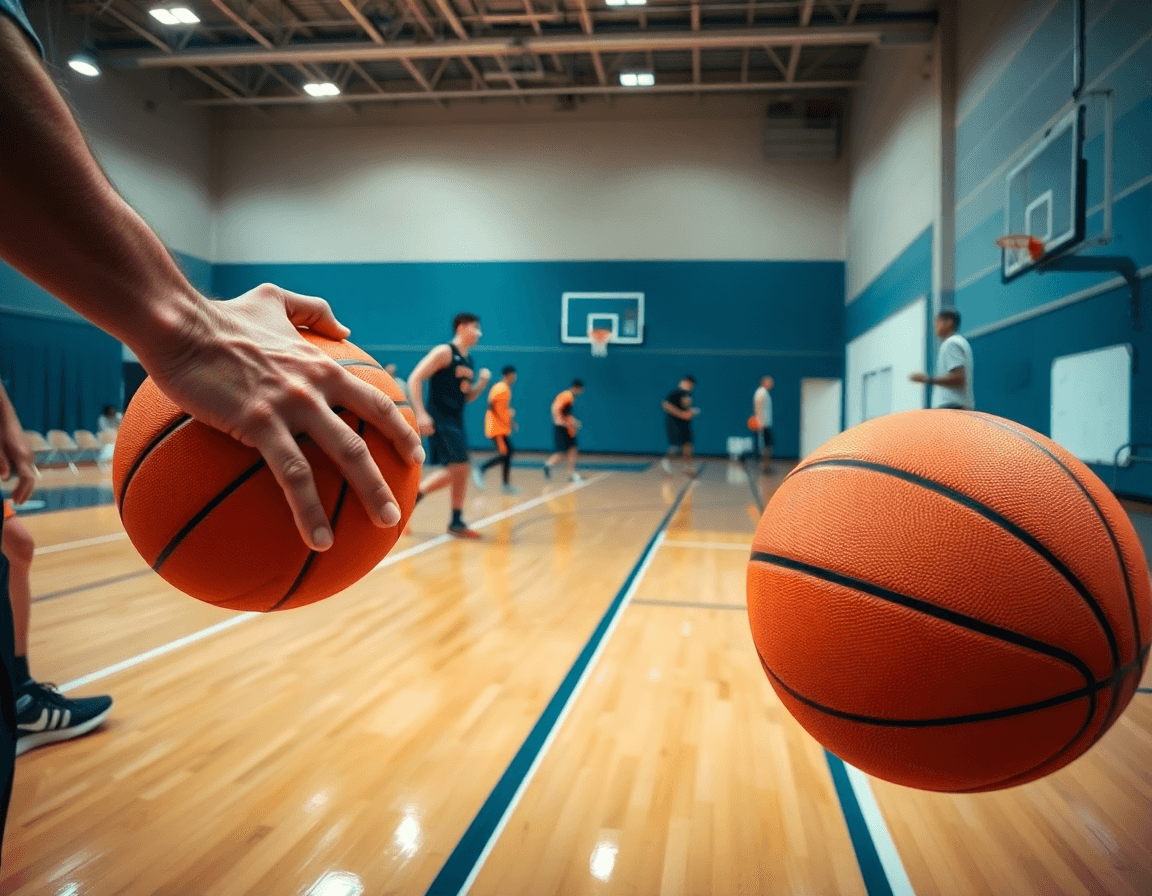 Dettaglio mani su pallone mentre esercizi palleggio e tiro basket si svolgono, coach e whiteboard.