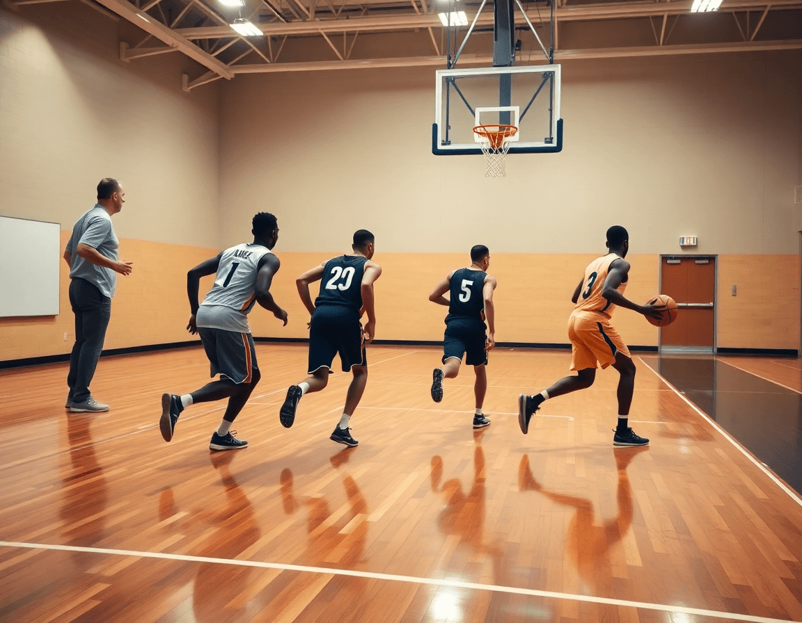 Tre giocatori eseguono una sequenza vicino al canestro, esercizi palleggio e tiro basket in primo piano.