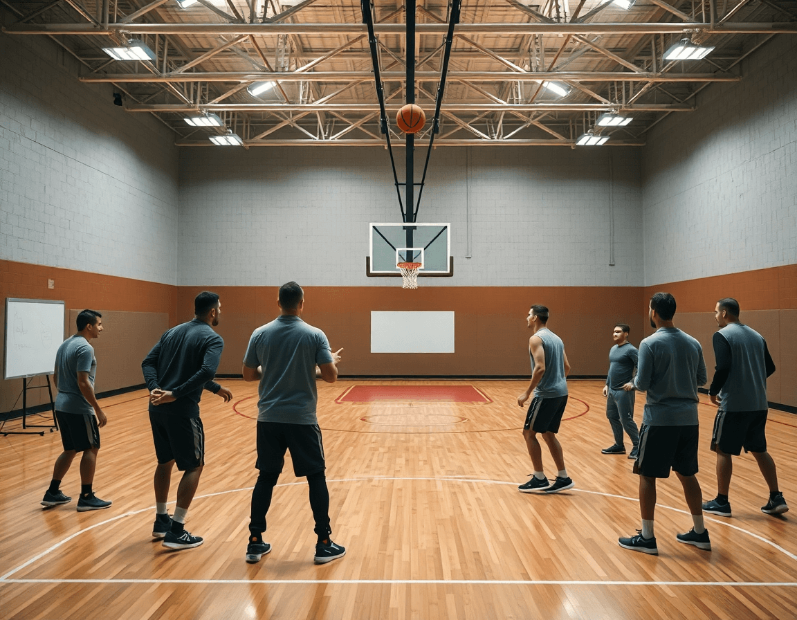 Scena ampia di esercizi palleggio e tiro basket in palestra, coach guida i giocatori.