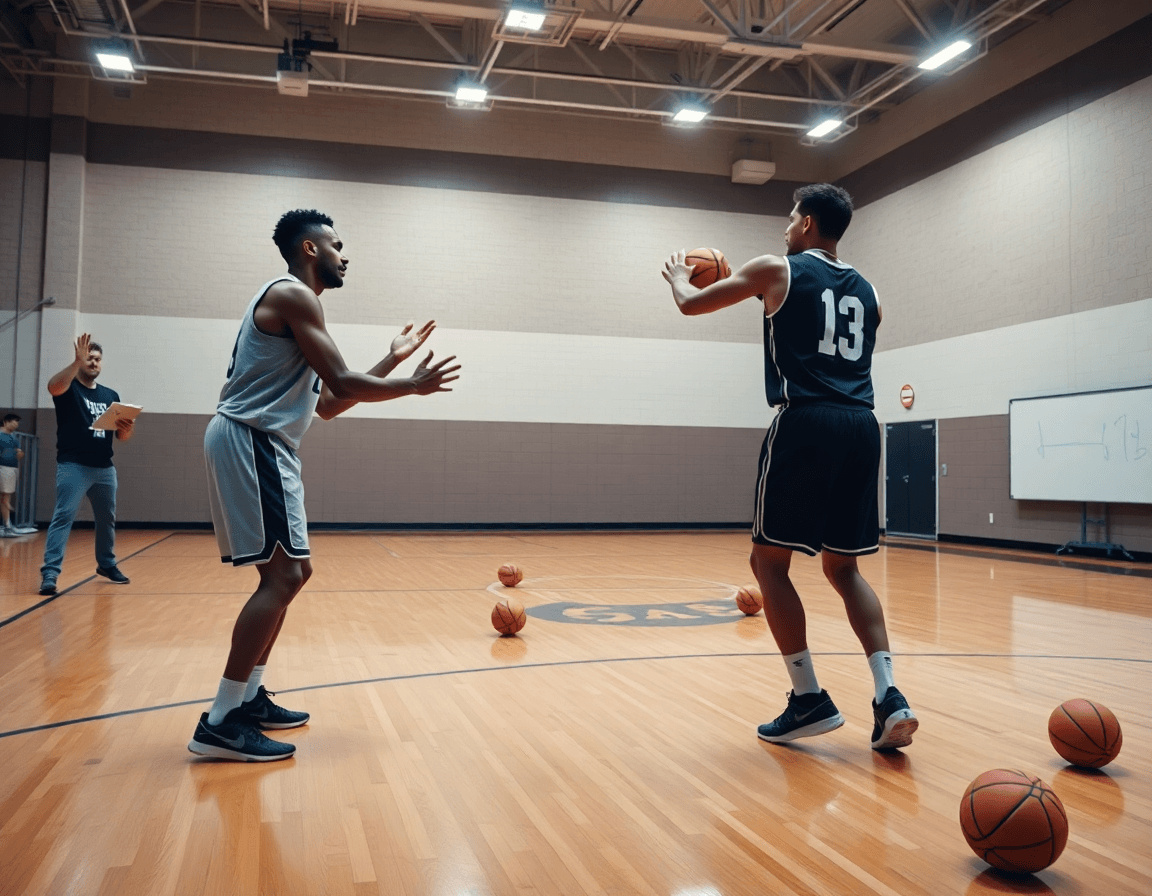 Allenatore osserva esercizi passaggio basket durante l'allenamento vicino al canestro.