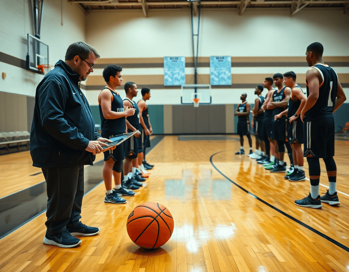 Allenatore e assistenti guardano clip video per esercizi passaggio basket durante la pausa allenamento.